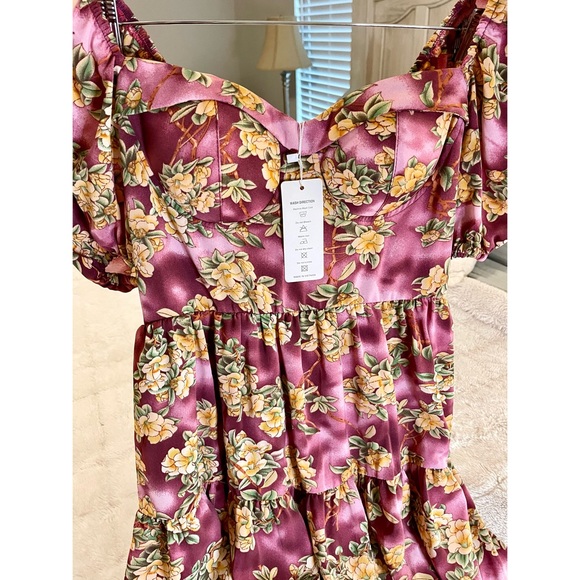 NWT- Fuchsia Floral Print Padded Mango Silk Chiffon Dress - Picture 5 of 6